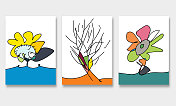 一套手绘植物枝花图案，横幅涂鸦设计元素