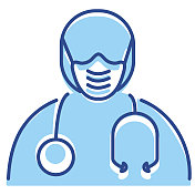 感冒和流感病毒医生与口罩细线图标-可编辑中风