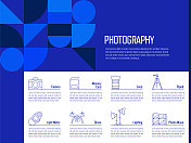 摄影概念矢量线信息图形设计图标。8个选项或步骤的介绍，横幅，工作流程布局，流程图等。