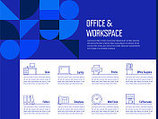 办公室和工作空间概念矢量线信息图形设计图标。8个选项或步骤的介绍，横幅，工作流程布局，流程图等。