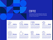 咖啡概念矢量线信息图形设计图标。8个选项或步骤的介绍，横幅，工作流程布局，流程图等。
