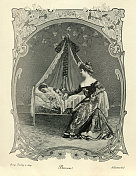 年轻的母亲看着她熟睡的孩子,维多利亚时代,19世纪 年轻的母亲看着她熟睡的孩子,维多利亚时代,19世纪