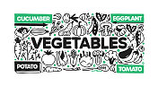 蔬菜对象和元素。矢量涂鸦插图收集。手绘图标集或横幅模板