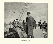 19世纪晚期,乘客走在从布洛涅到伦敦的跨海峡渡船的甲板上 19世纪晚期,乘客走在从布洛涅到伦敦的跨海峡渡船的甲板上