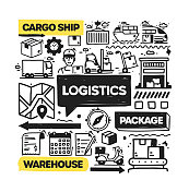 物流对象和要素。矢量涂鸦插图收集。手绘图标集或横幅模板 物流对象和要素。矢量涂鸦插图收集。手绘图标集或横幅模板