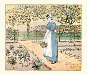年轻女子走过一个蔬菜园，18世纪风格，Randolph Caldecott插图
