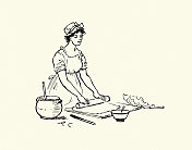 19世纪维多利亚时代的一名年轻女子正在擀面皮做馅饼