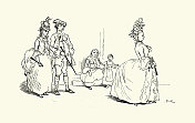 人们看着一个穿着得体的女人，18世纪的风格，Randolph Caldecott插图