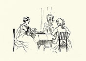 成熟的女人给两个男人倒茶，伦道夫・凯迪克特