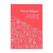 人工智能相关对象和元素。手绘矢量涂鸦插图集合。海报，封面模板与不同的人工智能对象