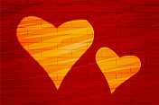 明亮的深红色砖墙与爱的情人节主题两个充满活力的桃子或橙色的心在水平栗色矢量背景的对比