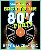 复古80年代的音乐派对和复古黑胶唱片海报在复古设计风格。80年代迪斯科派对。
