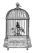 矢量画的古董鸟在一个笼子音乐盒