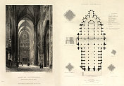 法国大教堂，亚眠大教堂，法国，古董法国版画，1837年