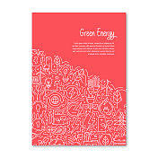 绿色能源相关的物体和元素。手绘矢量涂鸦插图集合。海报，封面模板与不同的绿色能源对象