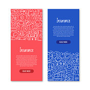 保险相关对象和元素。手绘矢量涂鸦插图集合。手绘图标设置。 保险相关对象和元素。手绘矢量涂鸦插图集合。手绘图标设置。