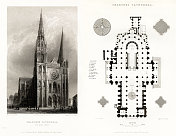 法国大教堂，沙特尔大教堂，鲁昂，法国，古董法国版画，1837年