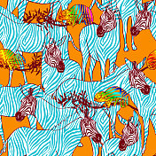 橙色背景上的斑马和彩虹变色龙，无缝的条纹图案，动物背景插图