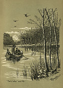猎人从划艇上射鹅，维多利亚时代狩猎射击，1890年代，19世纪