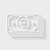 欧元纸币。图标与空白背景上的长阴影-平面设计