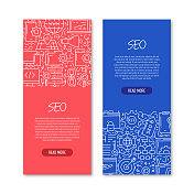 SEO相关的对象和元素。手绘矢量涂鸦插图集合。横幅模板与不同的SEO对象