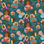 打破偏见，无缝图案绿色，国际妇女节(IWD 2022)背景插图