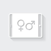 带有性别符号的平板电脑。图标与空白背景上的长阴影-平面设计