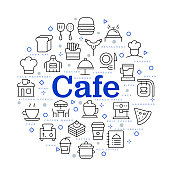 咖啡馆。矢量设计与图标和关键字。 咖啡馆。矢量设计与图标和关键字。