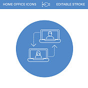 在线会议或视频会议家庭办公室线路图标蓝色圆圈透明背景 在线会议或视频会议家庭办公室线路图标蓝色圆圈透明背景