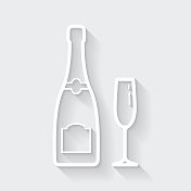 香槟酒瓶和玻璃杯。图标与空白背景上的长阴影-平面设计