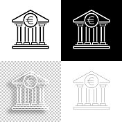有欧元标志的银行。图标设计。空白，白色和黑色背景-线图标