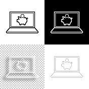 笔记本电脑和储蓄罐。图标设计。空白，白色和黑色背景-线图标