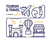 旅游和旅游概念，线风格矢量插图
