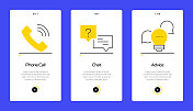 帮助和支持概念Onboarding移动应用程序页面屏幕与平面图标。UX, UI设计模板矢量插图