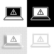 笔记本电脑与危险警告注意。图标设计。空白，白色和黑色背景-线图标