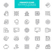 财经图标可编辑的笔画。包含诸如银行,业务战略,投资,股票市场,财富的图标 财经图标可编辑的笔画。包含诸如银行,业务战略,投资,股票市场,财富的图标