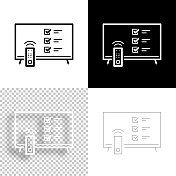 电视与清单。图标设计。空白，白色和黑色背景-线图标