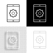 平板电脑设置-齿轮。图标设计。空白，白色和黑色背景-线图标
