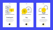 帮助和支持概念Onboarding移动应用程序页面屏幕与平面图标。UX, UI设计模板矢量插图