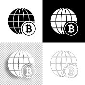 环球与比特币标志。图标设计。空白，白色和黑色背景-线图标