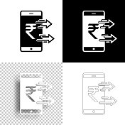 用智能手机发送印度卢比。图标设计。空白，白色和黑色背景-线图标