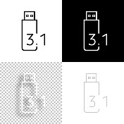 USB 3.1闪存盘。图标设计。空白，白色和黑色背景-线图标