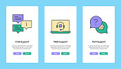 帮助和支持概念Onboarding移动应用程序页面屏幕与平面图标。UX, UI设计模板矢量插图