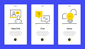 帮助和支持概念Onboarding移动应用程序页面屏幕与平面图标。UX, UI设计模板矢量插图