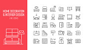 一套家庭装饰和室内设计相关的线条图标。大纲符号集合 一套家庭装饰和室内设计相关的线条图标。大纲符号集合