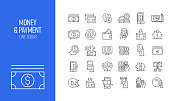 一套金钱和支付相关的线图标。大纲符号集合