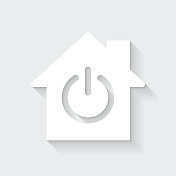 智能家居-带电源按钮的家居。图标与空白背景上的长阴影-平面设计