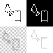 智能灯泡与智能手机。图标设计。空白，白色和黑色背景-线图标