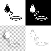 带有语音控制的智能灯泡。图标设计。空白,白色和黑色背景-线图标 带有语音控制的智能灯泡。图标设计。空白,白色和黑色背景-线图标