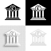 有英镑标志的银行。图标设计。空白，白色和黑色背景-线图标